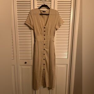 Linen Blend Belted Midi Dress